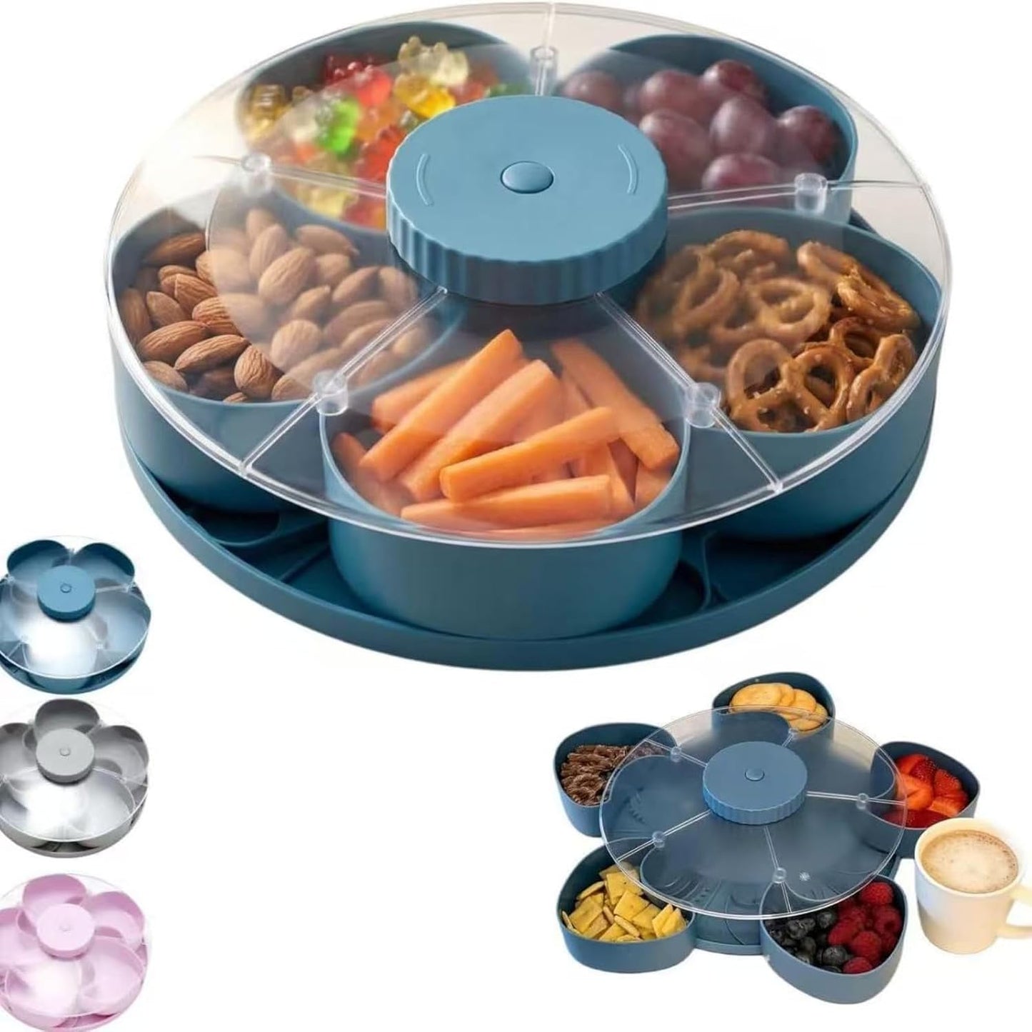 Rotating Divided Serving Tray with Handles, Food Safe Plastic Snack Containers for Party, Fruit & Veggie Storage Tray with Lid, Multi Scene Serving Platters for Home & Gifts