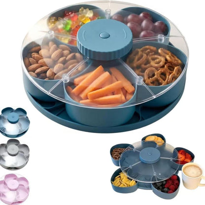 Rotating Divided Serving Tray with Handles, Food Safe Plastic Snack Containers for Party, Fruit & Veggie Storage Tray with Lid, Multi Scene Serving Platters for Home & Gifts