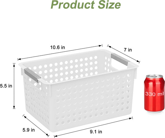 Soddeph 4 Pack Plastic Storage Basket with Handles, Small Deep Organizer Bin with Hollow Design for Under Counter, Shelf, Closet, Kitchen or Bathroom (White, Small)