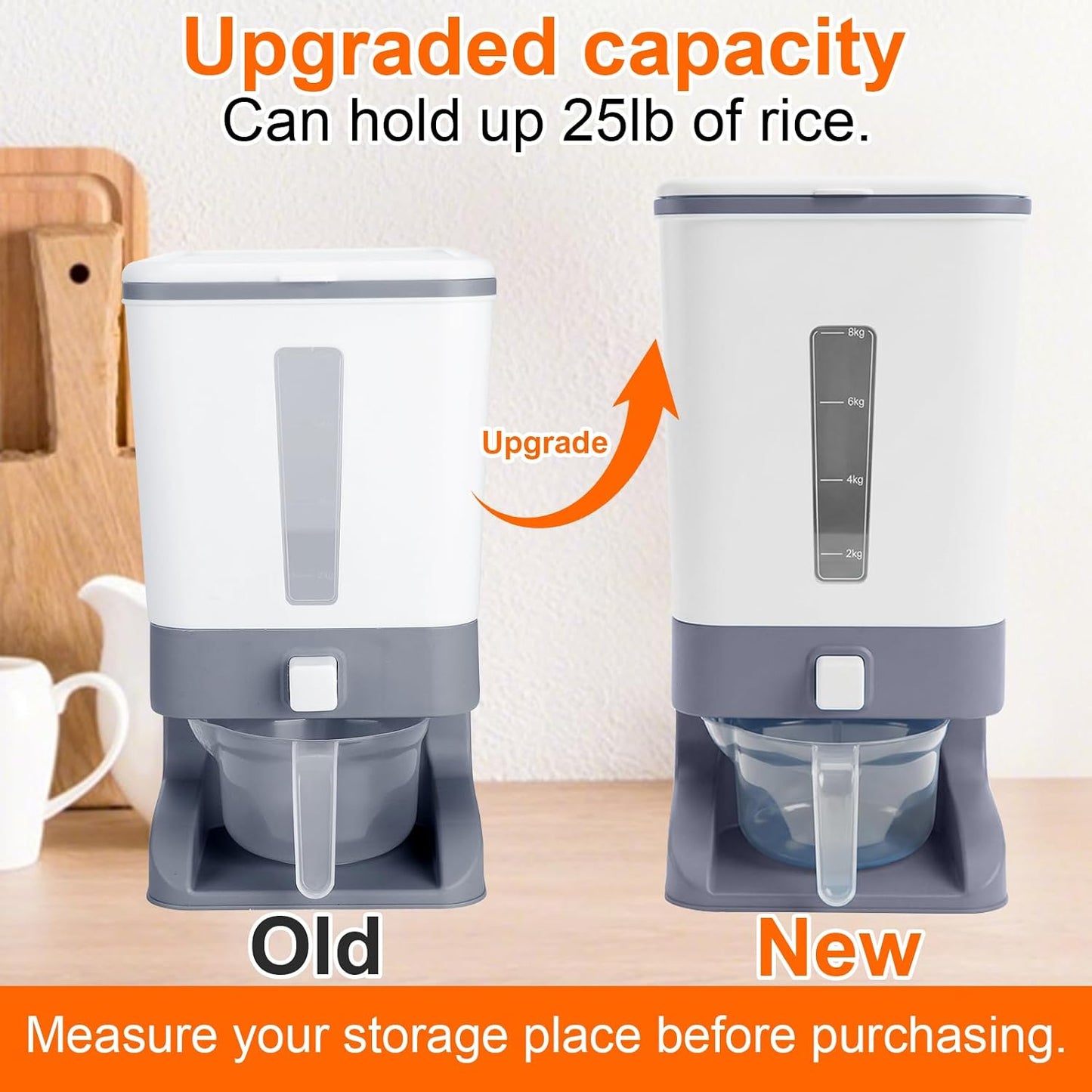 Mity rain Rice Dispenser 20 Lbs with Moisture Absorbing Clay, Rice Storage Container with Measuring Cup, 12 L Cereal Containers Storage Airtight for Kitchen Pantry Organization