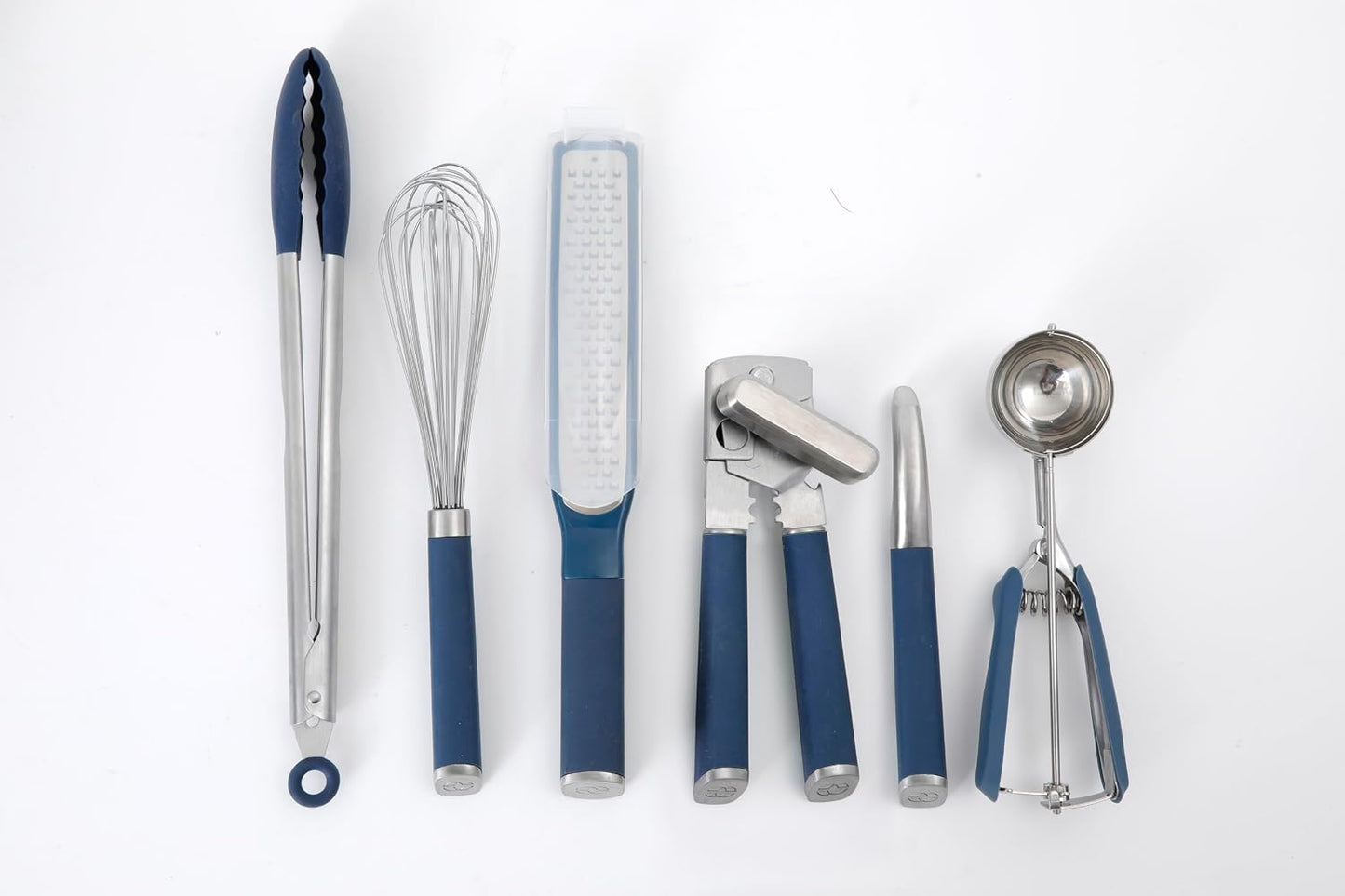 Calphalon Edge 6-Piece Stainless Steel Kitchen Tool & Gadget Set, Kitchen Utensil Set with Silicone Accent, Can opener, Straight peeler, Grater, Tongs, Balloon whisk and Scoop (Taupe)
