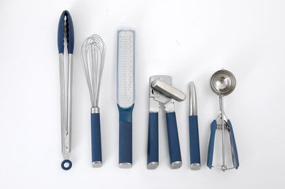 Calphalon Edge 6-Piece Stainless Steel Kitchen Tool & Gadget Set, Kitchen Utensil Set with Silicone Accent, Can opener, Straight peeler, Grater, Tongs, Balloon whisk and Scoop (Taupe)