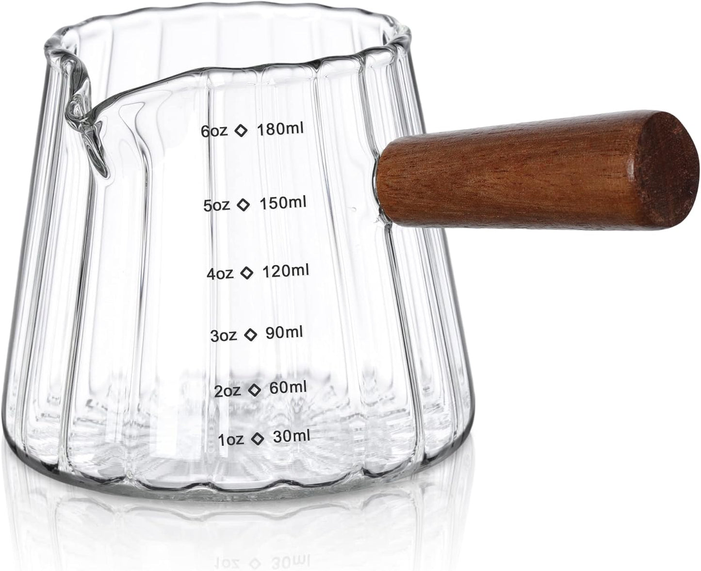 Joeyan 6 oz Grey Glass Measuring Cups with Spout,Borosilicate Glass Triple Pitcher with Scale,Origami Style Espresso Shot Glasses with Wood Handle for Coffee Milk,Dishwasher Safe