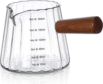 Joeyan 6 oz Grey Glass Measuring Cups with Spout,Borosilicate Glass Triple Pitcher with Scale,Origami Style Espresso Shot Glasses with Wood Handle for Coffee Milk,Dishwasher Safe