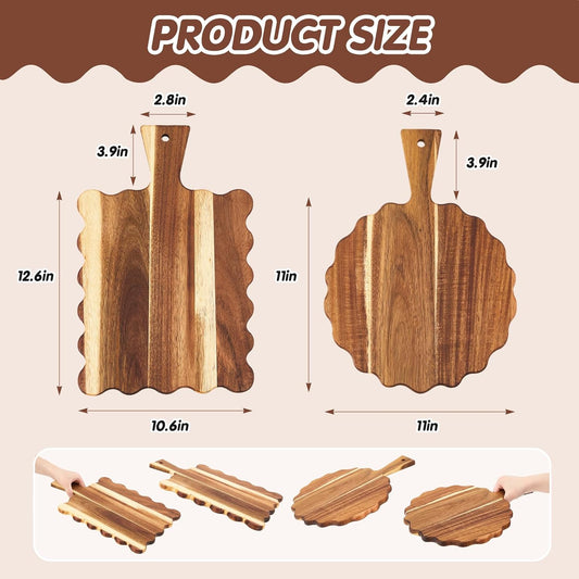 Novabright 2 Pcs Acacia Wood Scalloped Cutting and Chopping Board with Handle Decorative Cutting Boards for Kitchen Wooden Charcuterie Boards Serving Tray for Cheese Meat Fruit Bread Baking