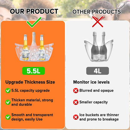 2-Pack 5.5L Ice Bucket for Parties, Portable Drink Bucket for Cocktail Bar, Extra Large Clear Beverage Tubs with Scoops, Champagne Cooler for Beverage/Wine/Beer, Mimosa Bar Essentials
