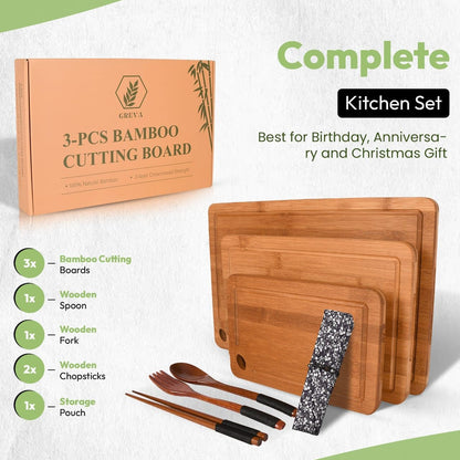 GREVA 3-Piece Premium Bamboo Cutting Board Set with Juice Grooves & Non-Slip Feet | XL, M, S Wood Chopping Boards for: Meat, Vegetables & Charcuterie | INCLUDES 3-in-1 Kitchen GREVA wooden cutlery Set