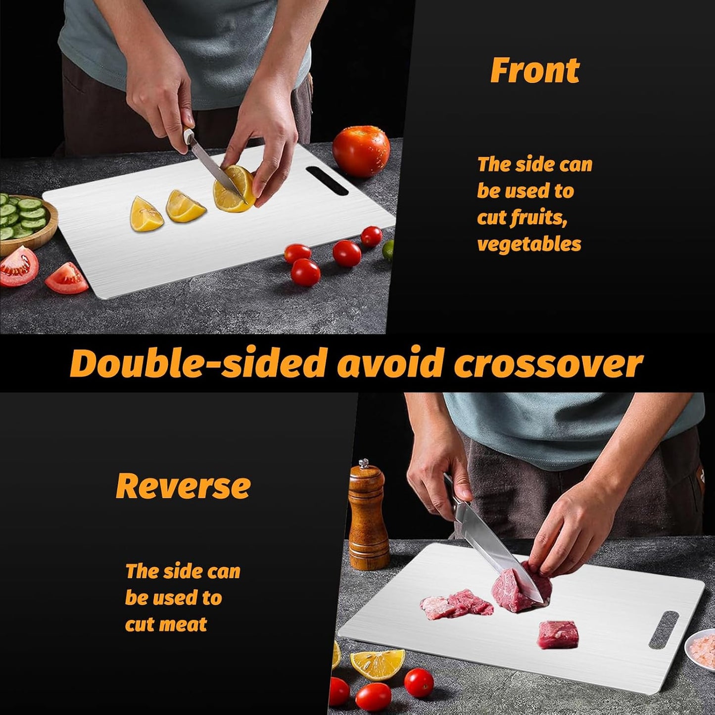 New Upgraded Titanium Cutting Board, Stainless Steel Cutting Boards For Kitche, Dishwasher Safe Double-sided Chopping Board with Peeler and Anti-slip Mat(18"L x 12"W)