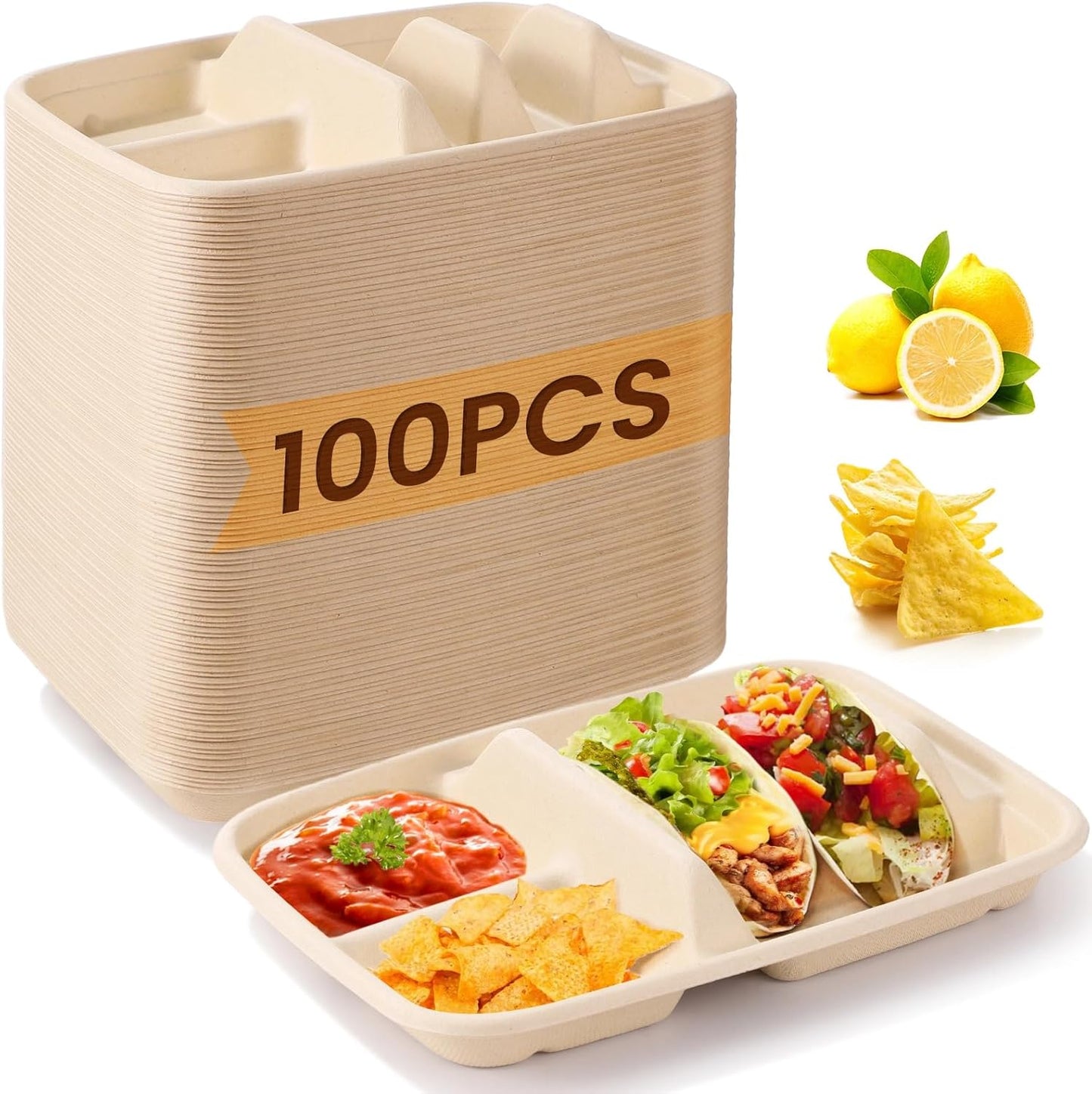 100 PCS Disposable Taco Holders, Bagasse Pulp 2-Slot Taco Plate with Side Compartments, Safe Plant Fiber Tray for Taco Tuesday, Party, Sandwich, Hot Dog, Sauce & Snack Serving, Thick(100)