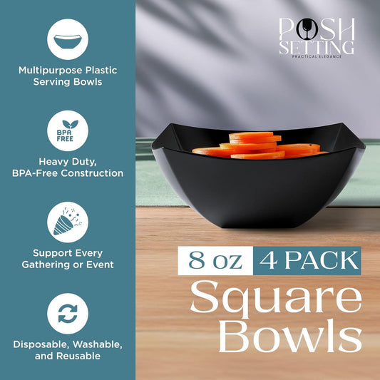 Posh Setting - White Plastic Square Serving Bowls for Party (16oz - 4 Pack), Disposable & Candy Containers for Party Table & Buffet