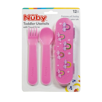 Nuby Toddler Utensils with Travel Case - Self-Feeding Fork & Spoon Set for Kids - Easy-to-Hold Training Utensils with Rounded Safe Edges for Independent Mealtime - Dinosaurs