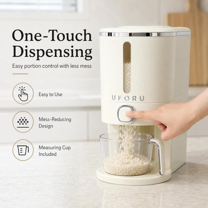 ROOM127 Slim Rice Dispenser 11 Lbs, Airtight Rice Storage Container with Measuring Cup, One-Touch Dry Food & Cereal Dispenser with Clear Window for Kitchen Countertop, Milk Tea Brown