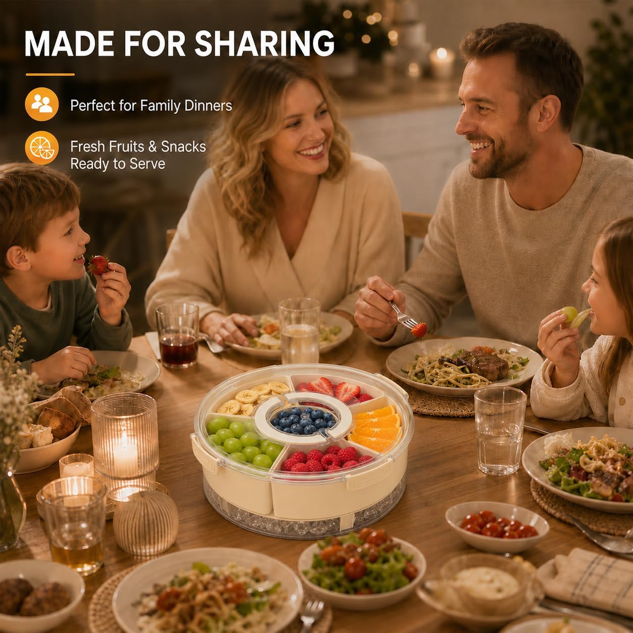 Divided Serving Tray with Lid and Handle, Rounded Snackle Box with 6 Compartments and Chill Base for Fruits, Candy, Veggie, Portable Travel Snack Container, 12 Inch