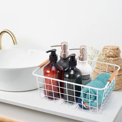 Wire Basket 4 Pcs Wire Storage Baskets Wire Baskets Organizing with Wooden Handles Wire Basket Pantry Organization and Storage Metal Wire Food Storage Basket for Kitchen, Cabinets (Black 4PCS)