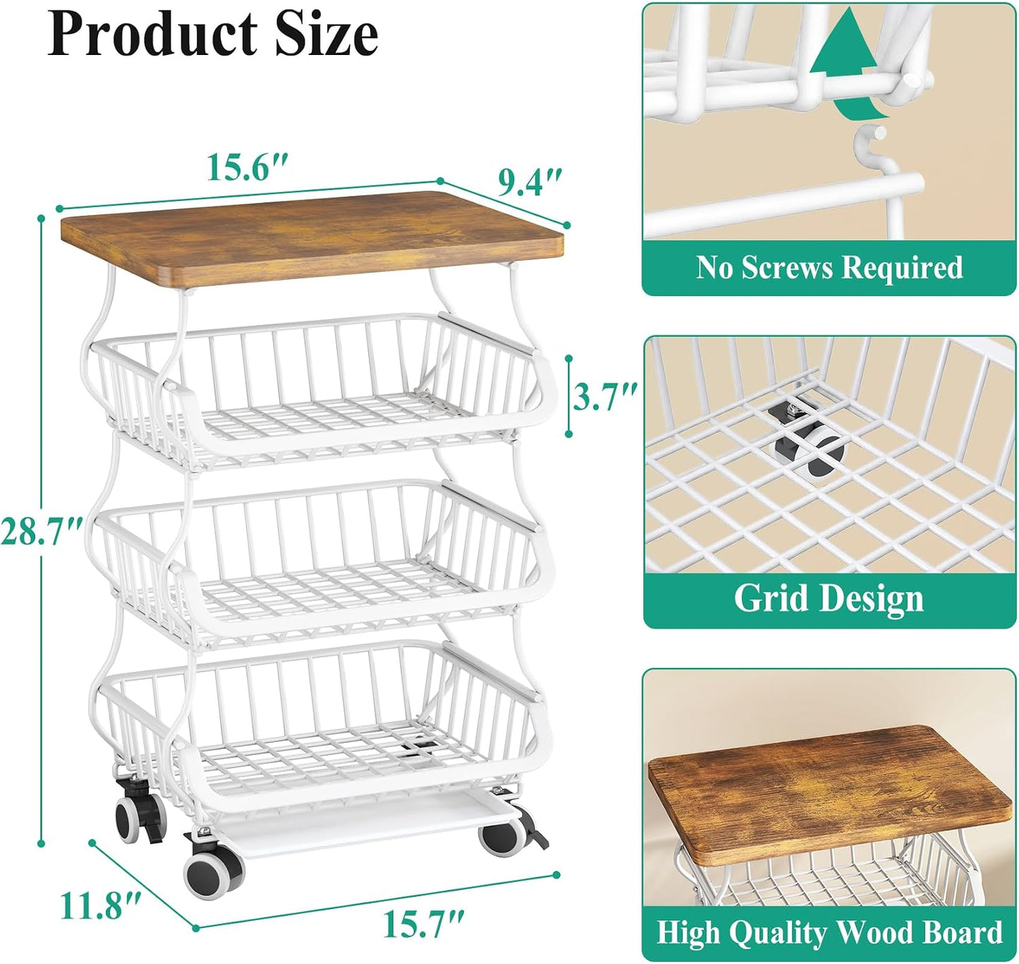 SAYZH Fruit Basket Kitchen Pantry Organizers and Storage - Wooden Top Table, Stackable Metal Wire Basket Stand Cart for Fruit Vegetable Snacks Onion Potato Organization (Black, 5 Tiers)