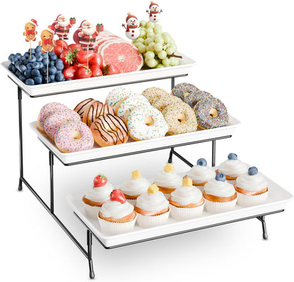 3-Tier Melamine Serving Tray Set, 11.5" x 5.6" Platters for Serving Food, Black Reusable Trays with Black Metal Display Stand for Cupcakes, Sevring Food, Dessert, Fruit, Cookie, Gold