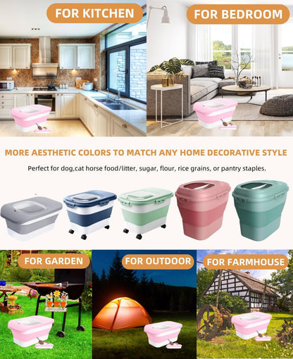 25-28Lbs Dog Food Storage Container Airtight,Collapsible Pet Food Storage | Dog Food Container with Handle,Wheels,Double Airtight Seal Fresh,Save Space,Pest/Mouse-proof,Small Cat Food Container,Scoop