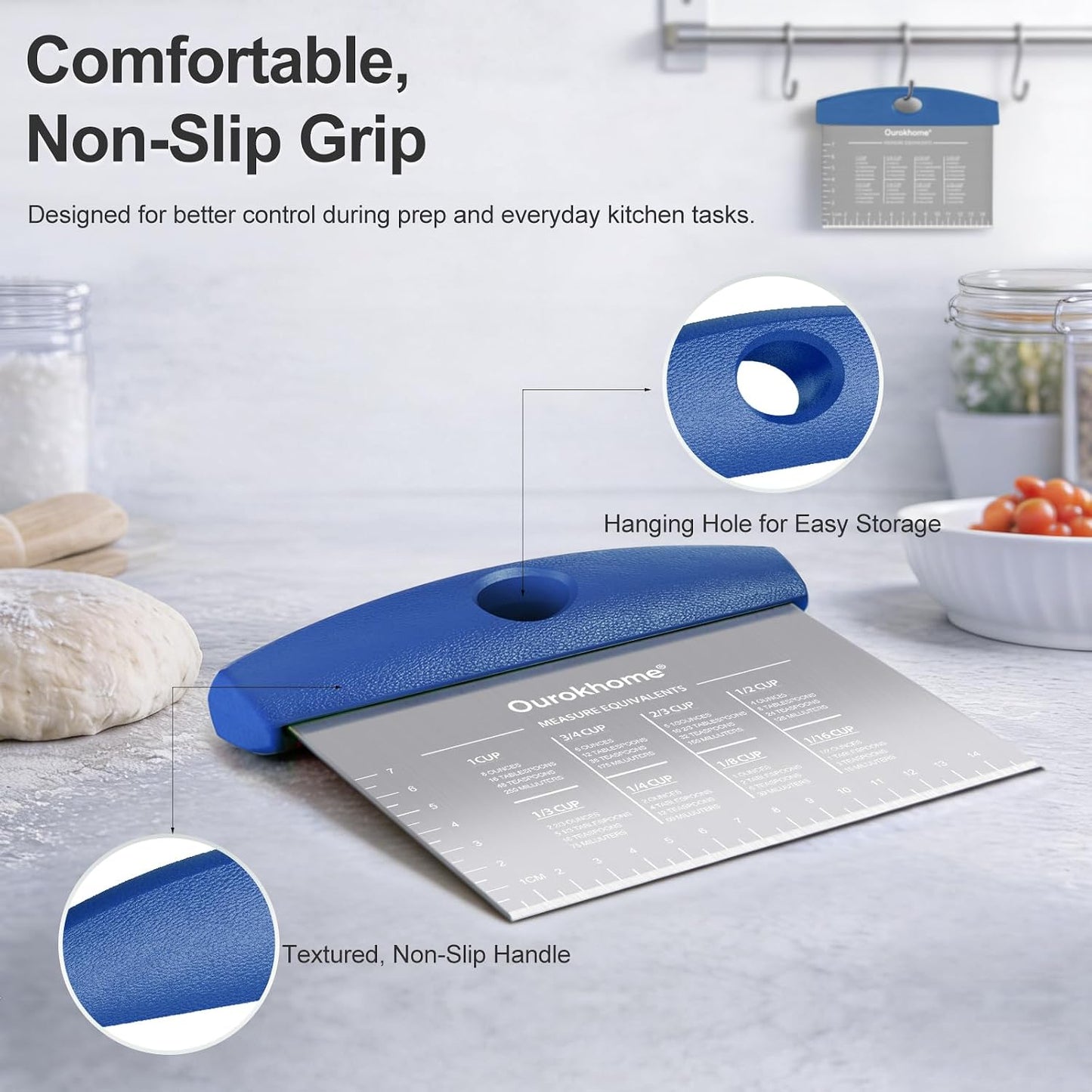 Ourokhome 2 Pack Bench Scraper Dough Cutter, Stainless Steel Dough Scraper with Laser-Etched Scale, Conversion Chart, Non-Slip Handle, Dishwasher Safe for Bread & Pastry, Black
