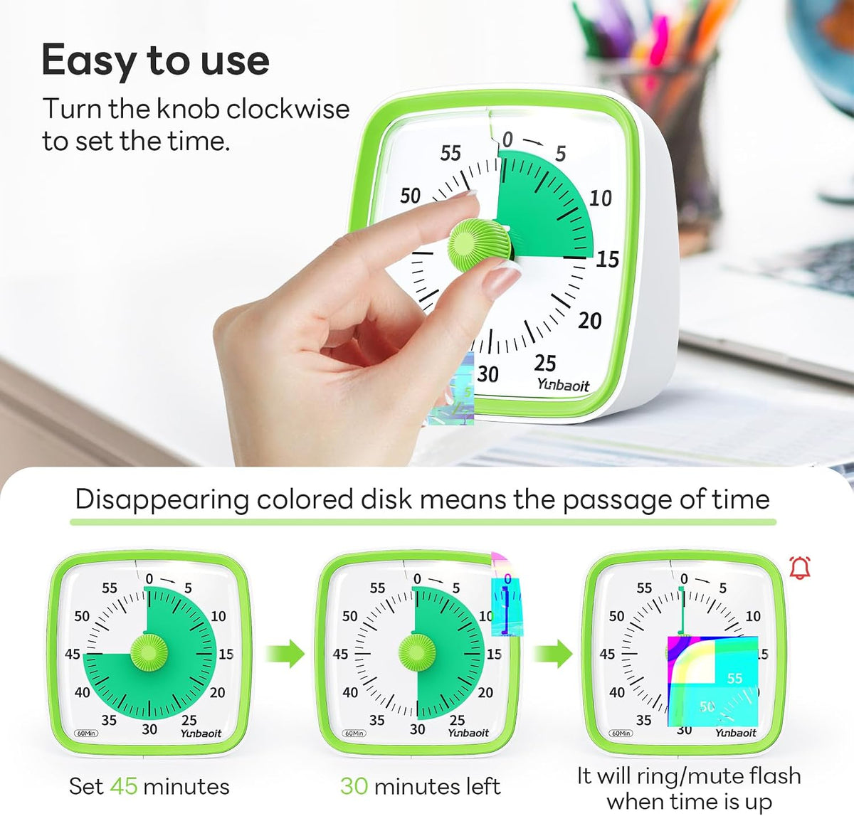 Yunbaoit Visual Timer with Night Light, 60 Minute Countdown, Light Blue