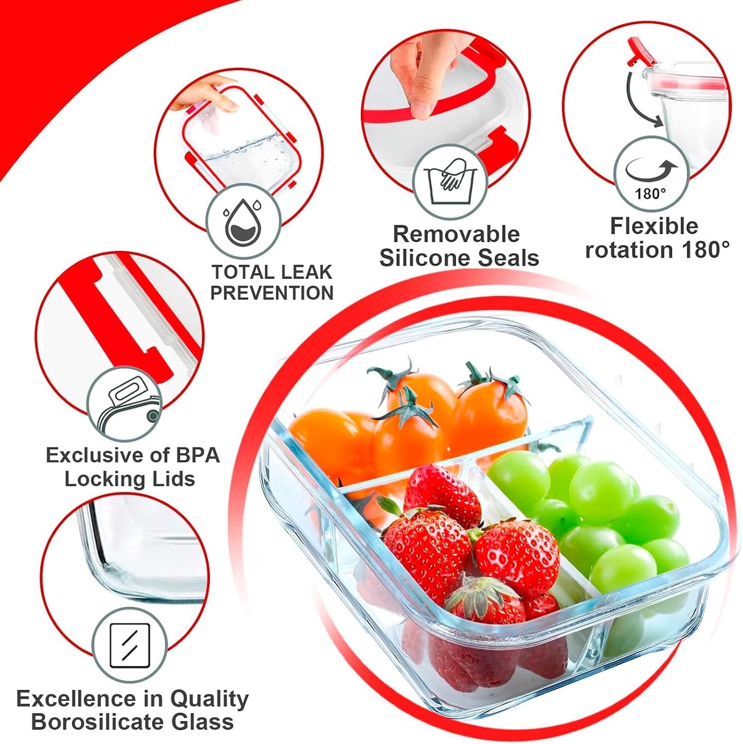 VERONES 5 Pack Glass Meal Prep Containers 3 Compartment Set, 36OZ Airtight Glass Lunch Containers, Glass Food Storage Containers with Lids, for Microwave, Oven, Freezer & Dishwasher Friendly,Green