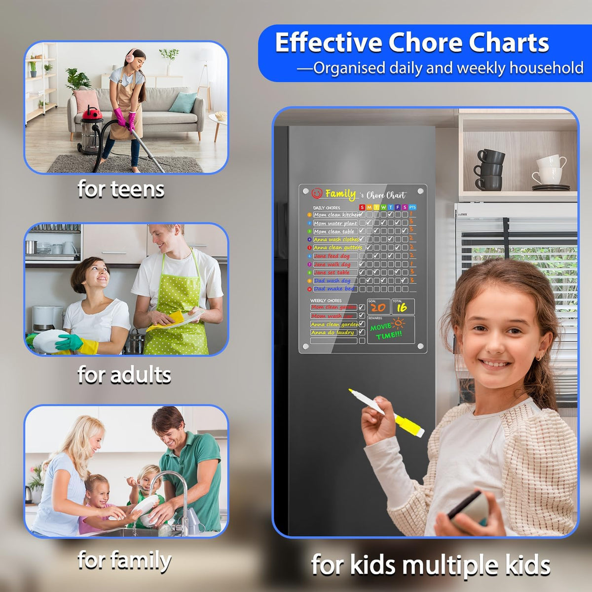 PigPotParty 2-in-1 Acrylic Magnetic Chore Chart for 2 Kids, Couples, Roommates, 15"x11" Large Dry Erase Chore Board for Fridge, Clear Weekly & Daily Reward Chart, Includes 12 Markers & Towel