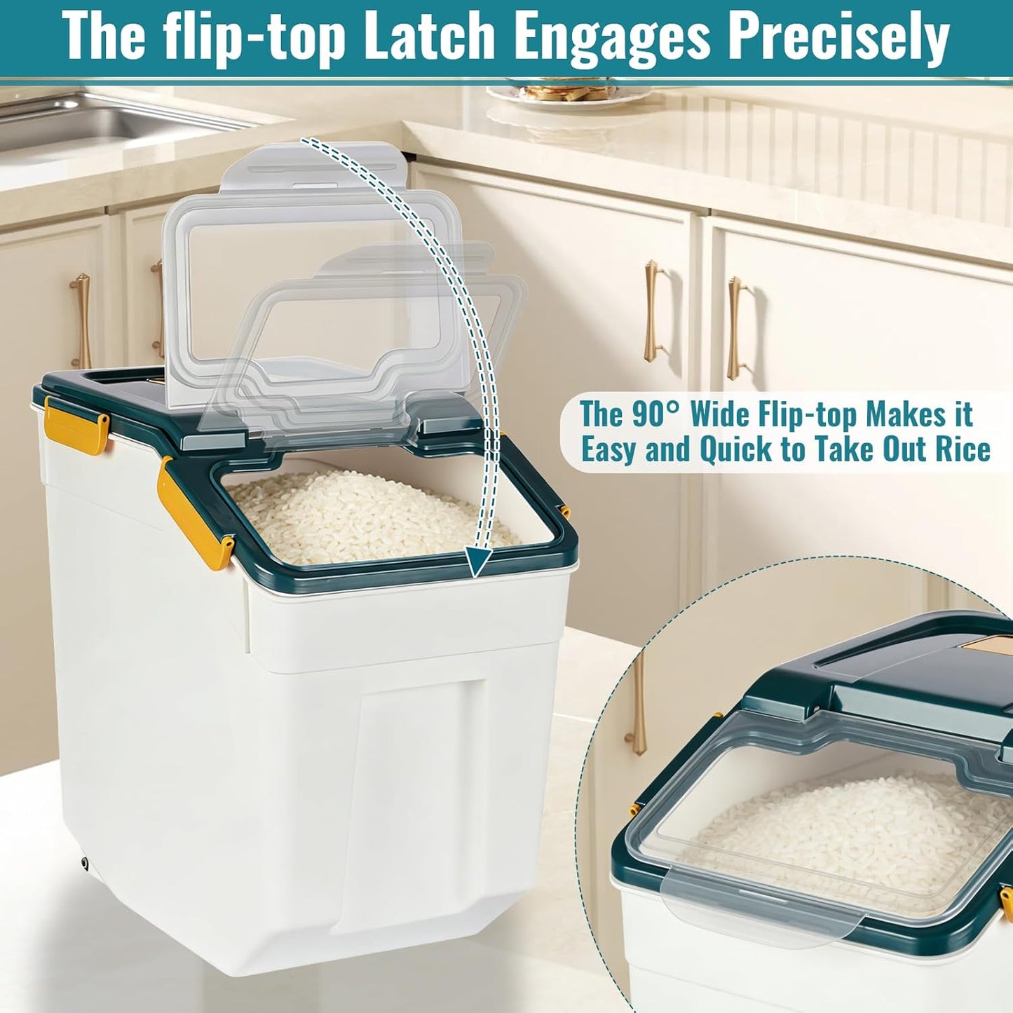 4 Pack Rice Container 25 lbs Large Bulk Flour Sugar Storage Holdhouse Plastic Grain Cereal Dry Goods Bin with Spoon and Measuring Cup for Kitchen Pantry Organization - Green