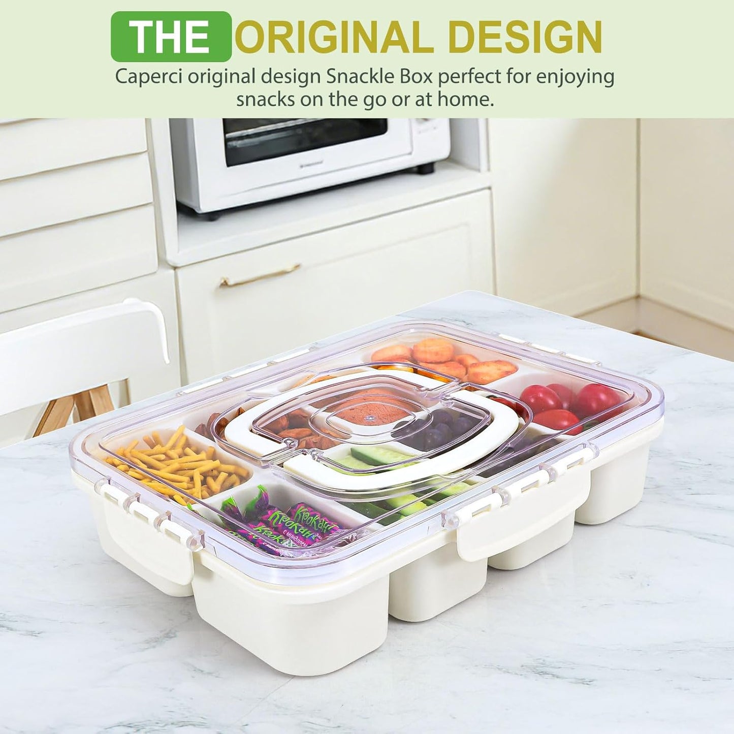 Caperci Snackle Box Container - Large 8 Compartments Divided Serving Tray with Lid & Handle, Portable Snack Box Tray for Travel Picnic, Dishwasher Safe, BPA-Free (Hold 10 Cups/2400ML)