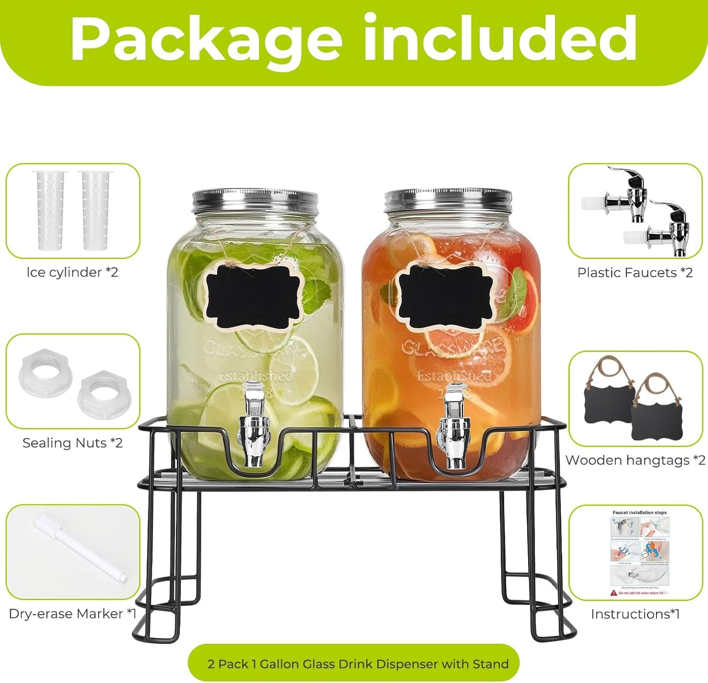 DHSBTLS 2 Gallon Glass Drink Dispensers, 1 Pack Clear Beverage Dispenser for Party, BBQ and Picnic, Juice Dispenser with Ice Core, Black Stand, Spigot, Markers and Chalkboard
