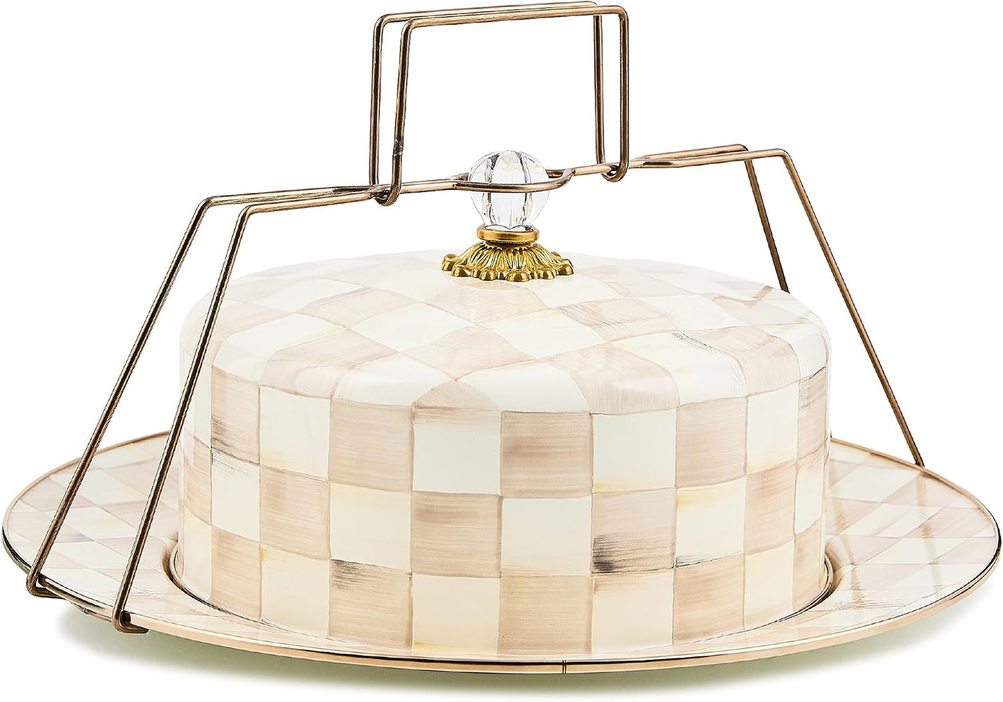 MACKENZIE-CHILDS Cake Carrier, Cake-Dish Serving Platter with Lid and Handles, White Flower Market with Black-and-White Courtly Check