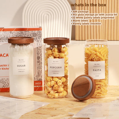 2 Pack Large Glass Flour and Sugar Storage Containers with Airtight Acacia Wood Lids and 132 Kitchen Pantey Labels Preprint - 1 Gallon Borosilicate Glass Canister Sets for Food,Pasta,Cookie,Rice