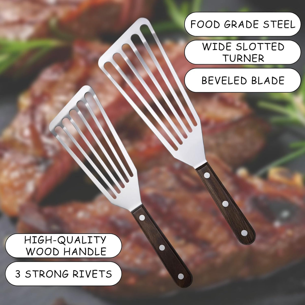 2Pcs Fish Spatula Stainless Steel, Slotted Spatula Durable Lightweight Fish Turner Flexible Metal Spatula for Flipping Fish Eggs Steaks Burgers Cooking and Baking