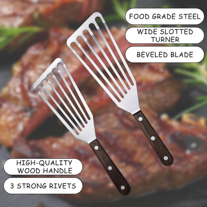 2Pcs Fish Spatula Stainless Steel, Slotted Spatula Durable Lightweight Fish Turner Flexible Metal Spatula for Flipping Fish Eggs Steaks Burgers Cooking and Baking