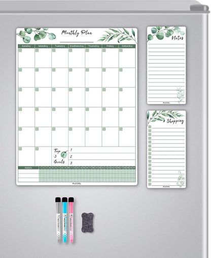ALEZEL Magnetic Dry Erase Calendar for Fridge, Greenery Monthly Fridge Calendar Whiteboard Set - Vertical Monthly Calendar for Refrigerator, Grocery & to Do List White Board, 3 Markers + Eraser