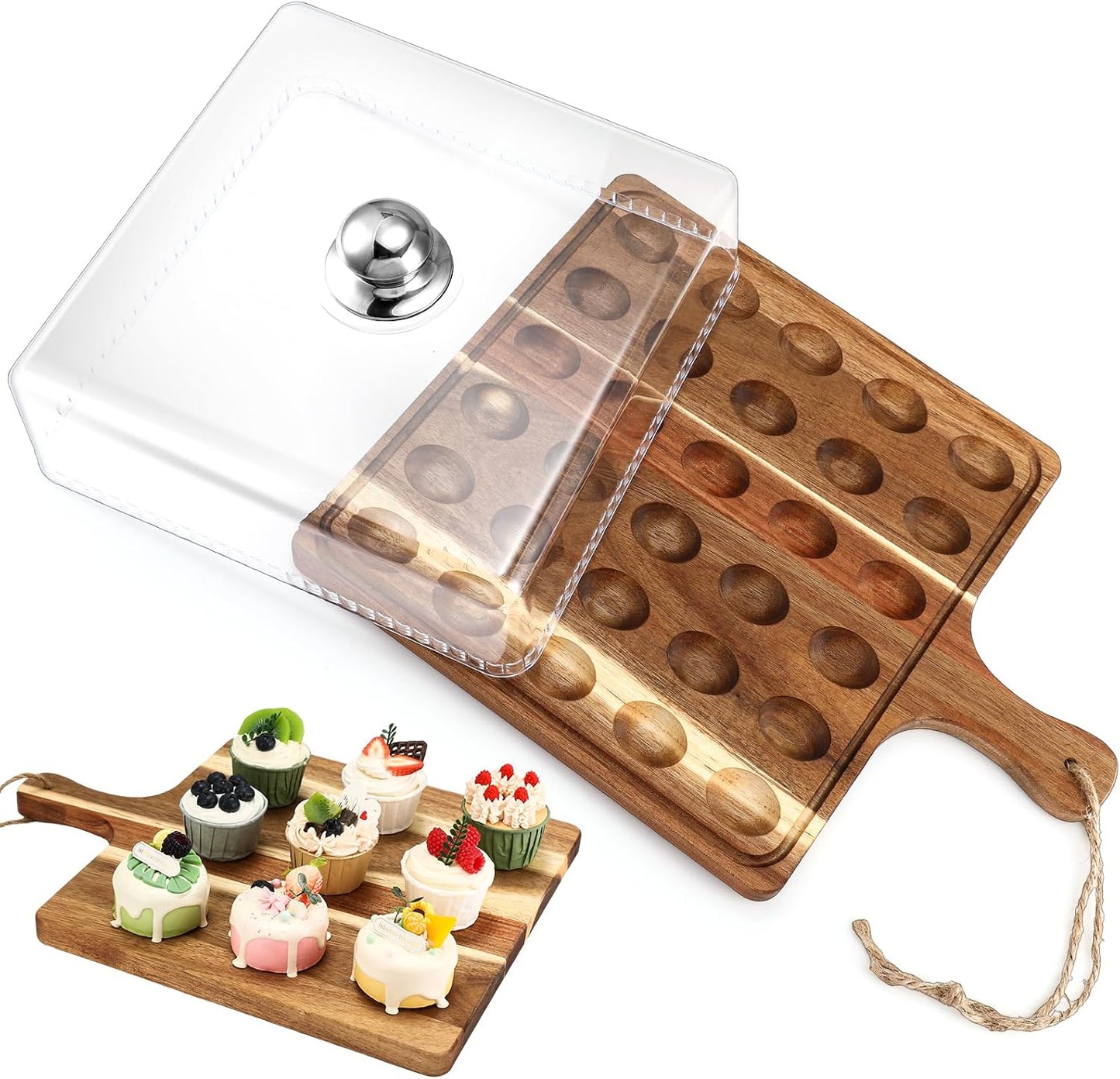 Vercraft Easter Wooden Deviled Egg Platter with Lid and Handle 30 Holes Round Deviled Egg Tray Reversible Charcuterie Board Wooden Serving Tray Containers Holder for Countertop Easter(Bamboo)