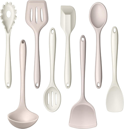 LIANYU Non-Toxic Silicone Kitchen Utensils Set, 8 Piece Non-Scratch Cooking Spoons & Spatulas, Stainless Steel Core, Heat Resistant & Dishwasher Safe, Khaki