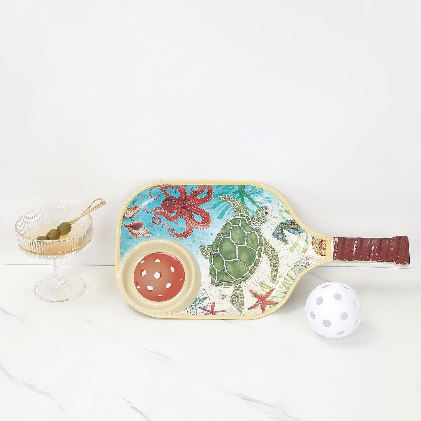 UPware Flamingo Melamine Chip and Dip Snack Tray, Tropical Floral Pickleball Paddle Shape Platter for Chips, Salsa, Fruits, and Appetizers, 15.75 x 8 Inch