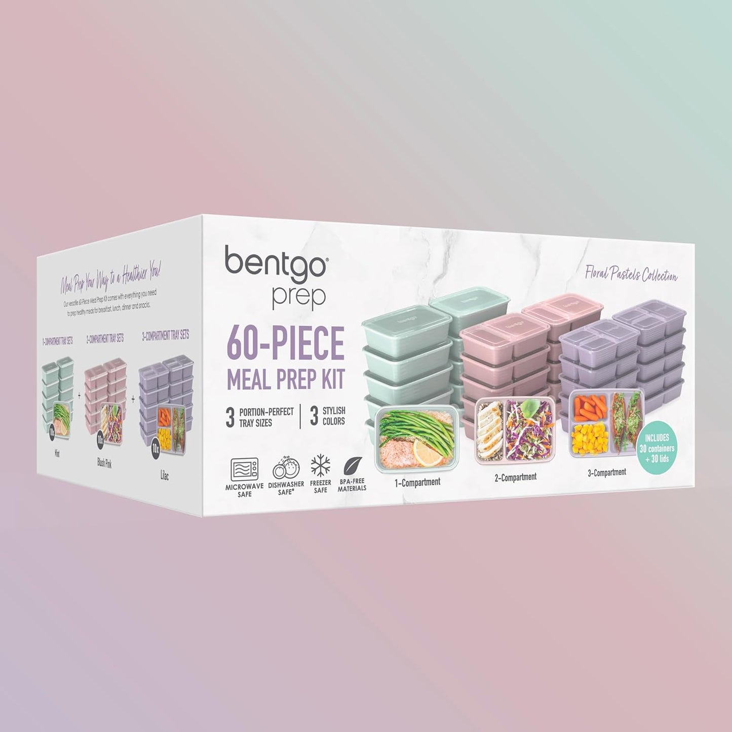 Bentgo Prep 60-Piece Meal Prep Kit - Reusable PFAS & BPA-Free Food Containers, 1-Compartment, 2-Compartment, & 3-Compartments - Microwave, Freezer, & Dishwasher Safe (Gleam Metallics)