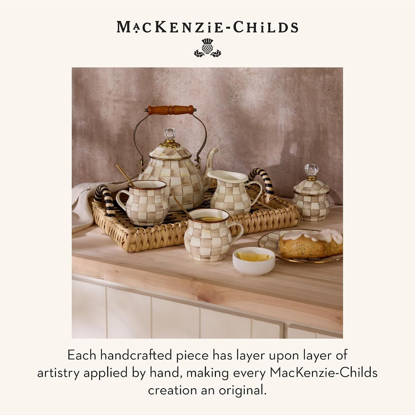 MACKENZIE-CHILDS Cake Carrier, Cake-Dish Serving Platter with Lid and Handles, White Flower Market with Black-and-White Courtly Check