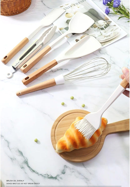 12-Piece Silicone Kitchen Utensil Set with Wooden Handles & Storage Holder, BPA-Free Heat Resistant Non-Stick Cooking Tools for Frying, Baking & Serving (Ivory White)