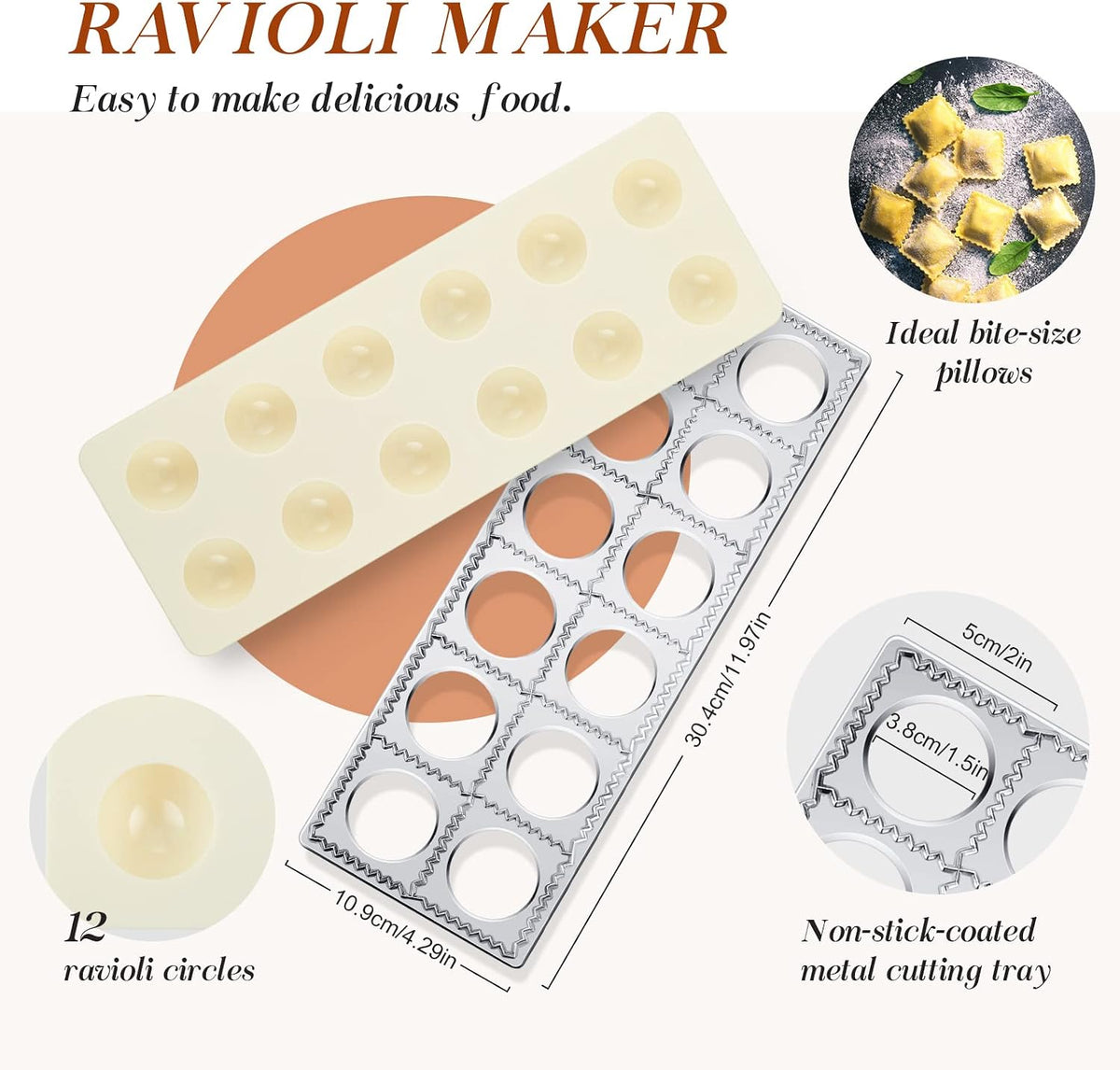 Geetery 5 Pcs Ravioli Mold Set 2 Inch Square Ravioli Maker Cutter Kit with 12-Hole Raviolis Press 3 Pasta Cutter Stamps Wooden Rolling Pin Pasta Making Tool for Homemade Raviolis Home Restaurant Use