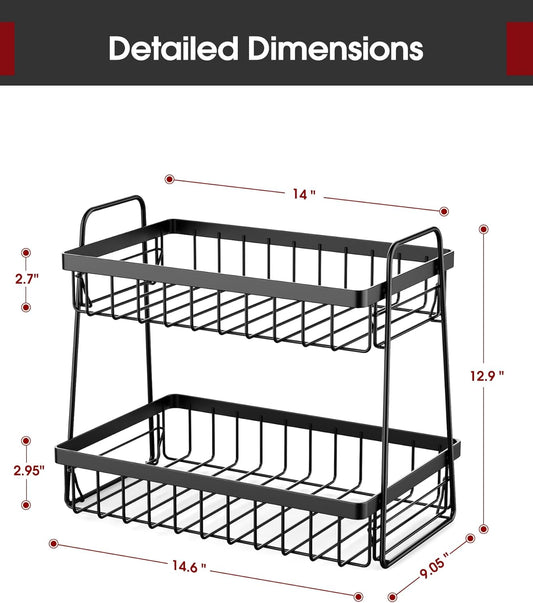 Sakugi Fruit Basket for Kitchen Counter - 2-Tier Fruit Bowl with Removable Banana Hanger & Handles, Rustproof Fruit Holder for Kitchen, Living Room, Bathroom, 13.4"×8.7"×11.7", Black