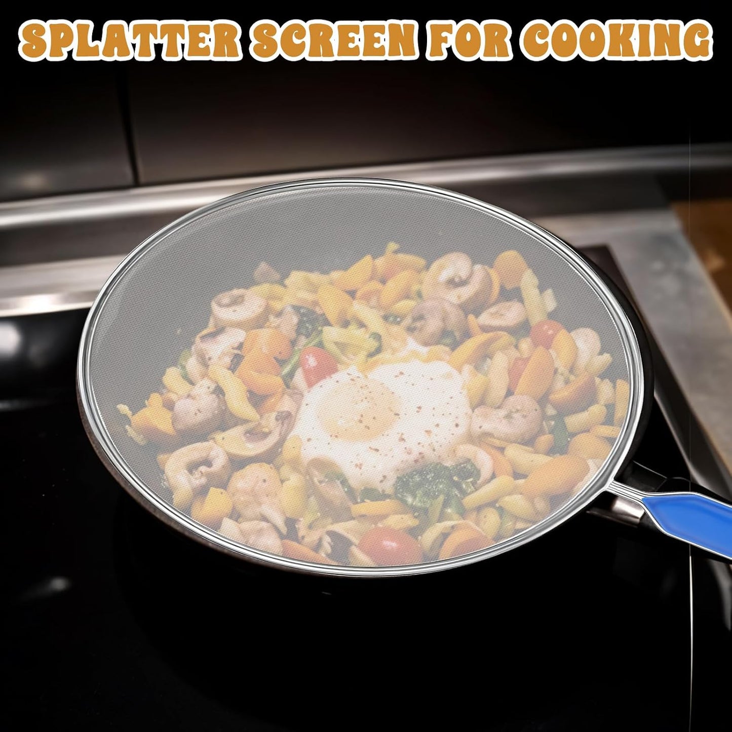 1PCS Splatter Screen for Frying Pan, 8Inch Stainless Steel Splatter Guard for Frying Pan Cooking Pots Food Strainer and Universal Cookware for Cooking, Kitchen Splash Guard No Oil Mess, No Burns(Blue)