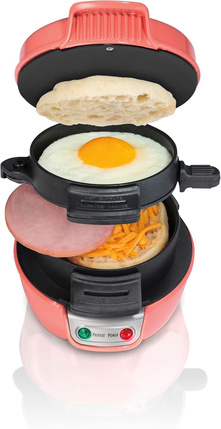Hamilton Beach Breakfast Sandwich Maker with Egg Cooker Ring, Customize Ingredients, Perfect for English Muffins, Croissants, Mini Waffles, Perfect White Elephant Gifts, Mint (25482)
