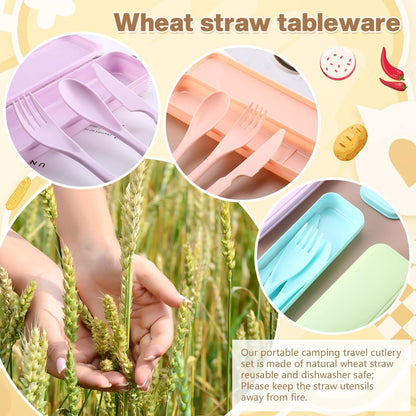Jinei 50 Sets Reusable Travel Utensils Set with Case Wheat Straw Cutlery Portable Spoon Knife Forks Lunch Box Accessories Friendly Tableware for Kids Adults Camping Utensils(Bright)