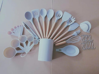 “37-Piece Silicone Kitchen khaki Utensil Set – Food-Grade Nonstick Cooking Tools with Wooden Handles, Measuring Cups & Spoons, Tongs, Spatulas, Ladle, Oven Mitt & Holder – Heat Resistant & BPA Free”