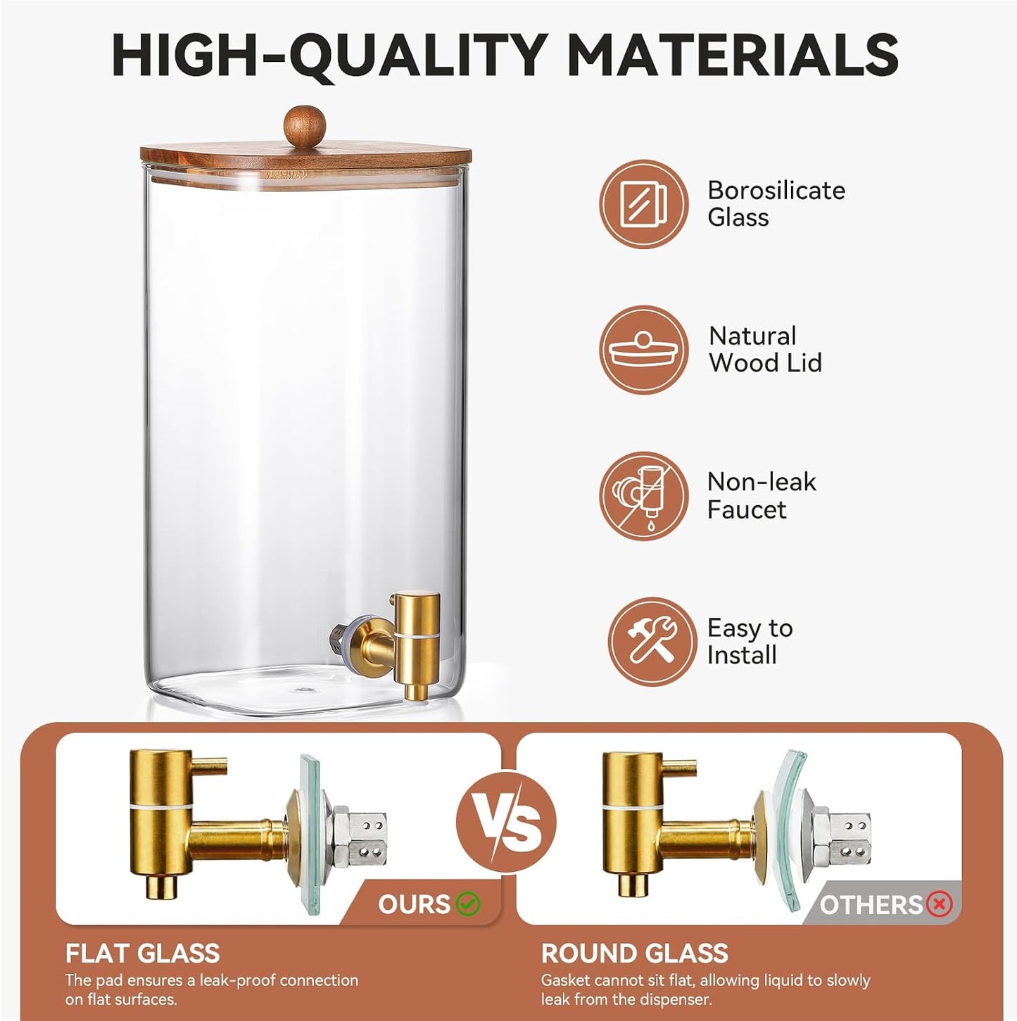 2 Pack 1.5 Gallon Square Glass Drink Dispenser with Wooden Stand & Lid, Large Beverage Dispenser with Stainless Steel Spigot, Juice & Lemonade Dispenser for Parties, Iced Tea, Water, Space-Saving