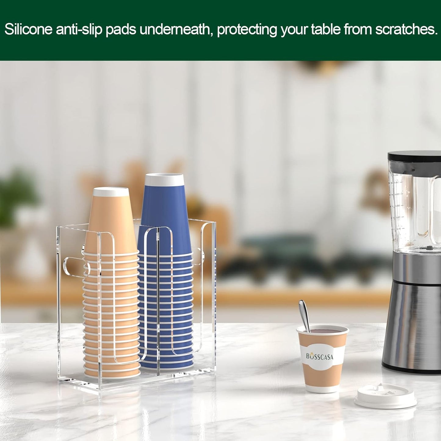 Disposable Coffee Cup Dispenser with Handles, Countertop or Wall Mount Hot/Cold Drink Cup and Lid Holder - Bathroom/Kitchen/Office Acrylic Cup Lid Storage Organizer (1 Compartment, Clear)