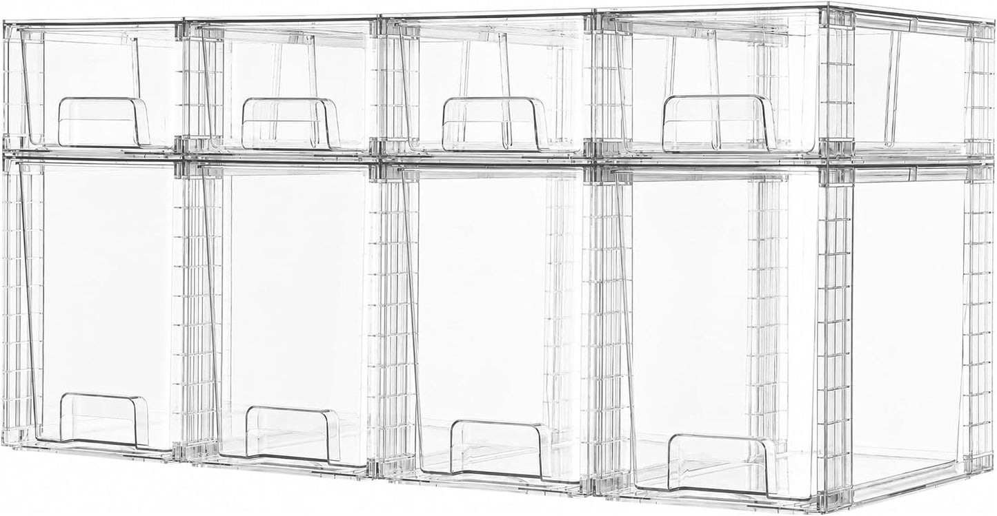 Vtopmart 4 Pack Clear Stackable Storage Drawers,Under Sink and Kitchen Organizers Storage,Easy to Assemble Plastic Drawers for Baby Bottle,Medicine, Bathroom,Cabinet and Pantry Organization