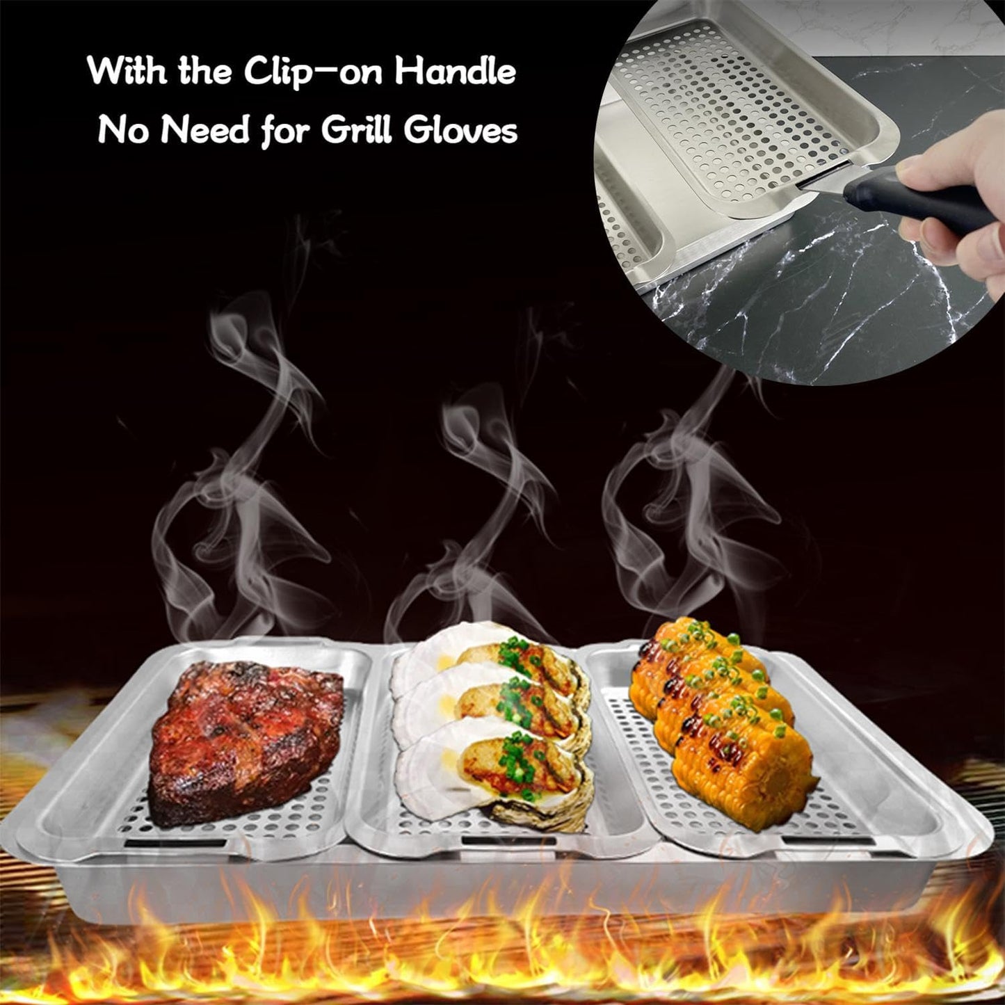 Grill Pans for Outdoor Grill-3 Grilling Baskets|Serving Tray| Clip-on Handle.BBQ Serving Platters with Holes for Grill Fish,Vegetable,Meat and Prep Food Veggie