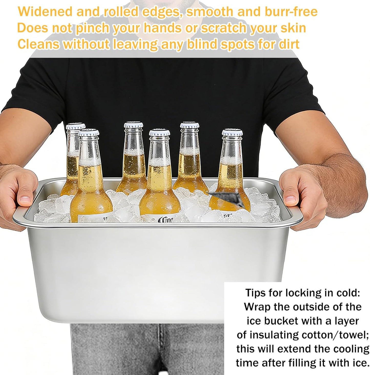 2 Pack Large Strainless Steel Beverage Tub with 2 Ice Scoops, Beer Ice Bucket Drink Cooler Beer Champagne Bucket Drink Chiller Tub Ice Cube Bin for Freezer Cocktails Wine Cooling Mimosa Bar Supplies